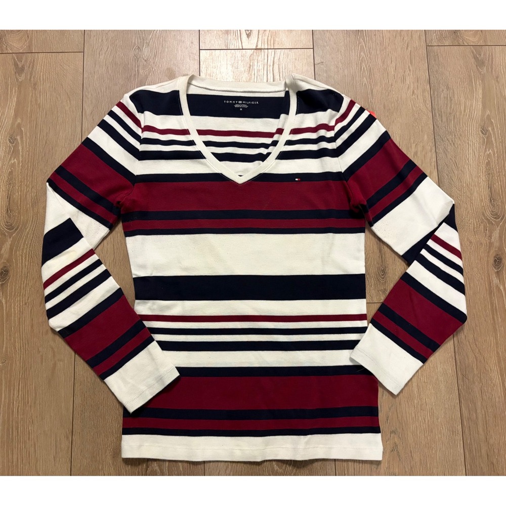 Tommy Hilfiger Womens Striped V-Neck Long Sleeve T-Shirt Navy Red White M